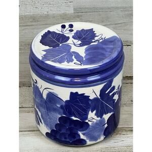 Blue + White Design Pac Canister Grapes and Leaves Pattern Hand Painted